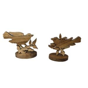 Hand carved Wood birds Vintage Folk Art Shelf Sitter Set of 2 Cottage Minimal